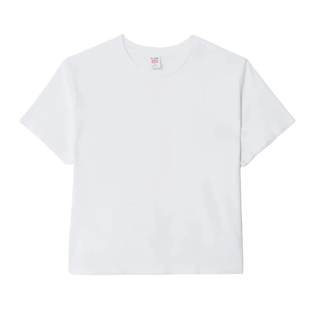 A plain white short-sleeve crewneck t-shirt laid flat against a clean white background.
