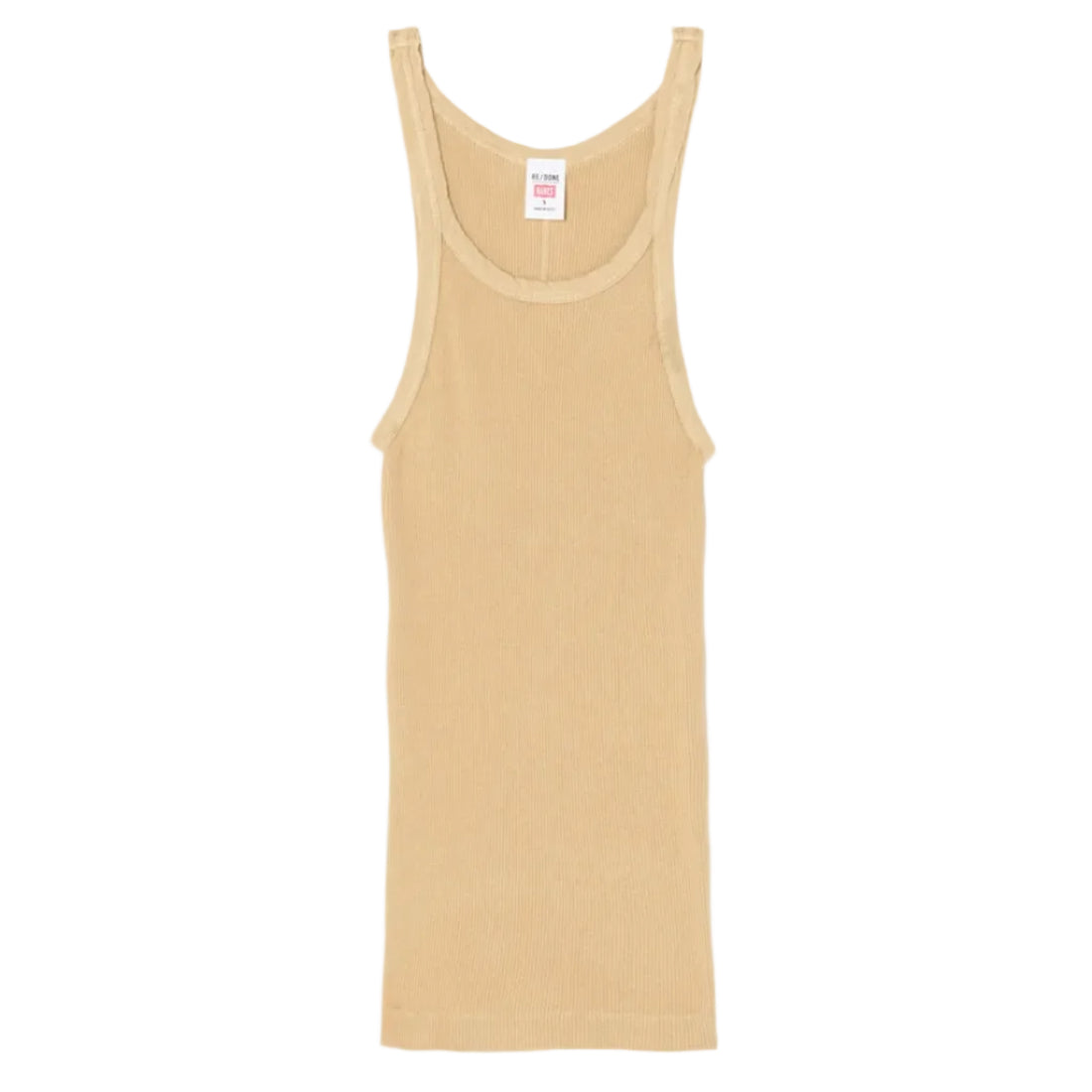 A light beige ribbed tank top laid flat against a white background.