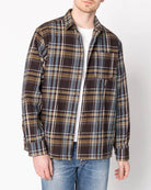 Man wearing a plaid shirt and jeans on a white background