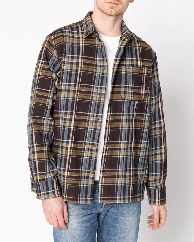 Man wearing a plaid shirt and jeans on a white background