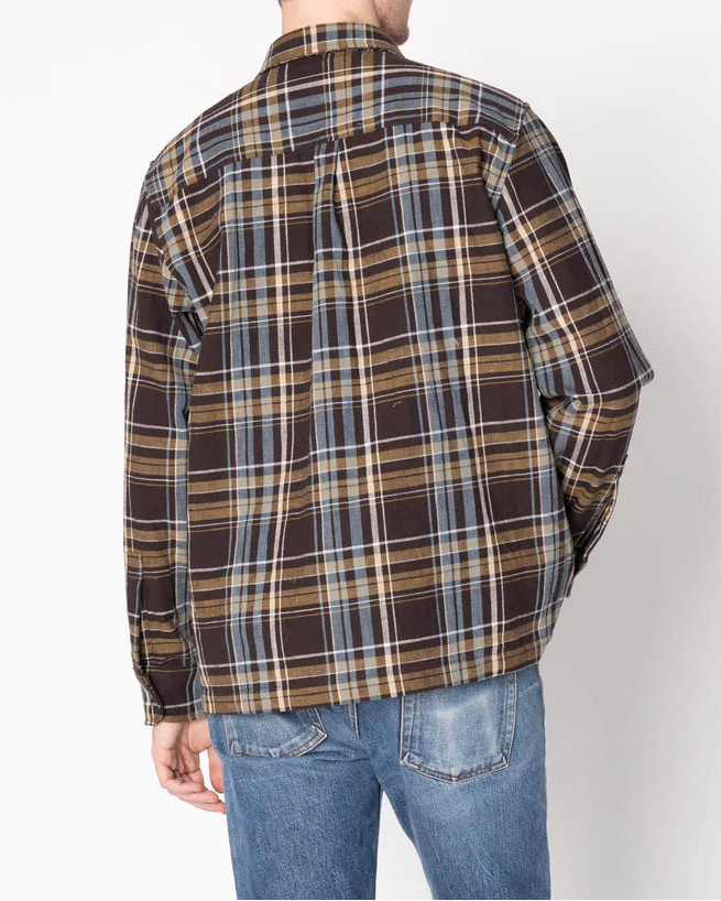 Man wearing a plaid shirt and jeans against a white background