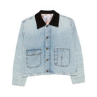 RE/DONE Canyon Jacket laid flat. It’s a cropped, light-wash denim jacket with a dark brown corduroy collar, metal buttons and two patch pockets.