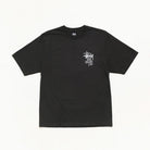 A black Stussy short-sleeve t-shirt with a small white chest logo, laid flat against a clean white background.