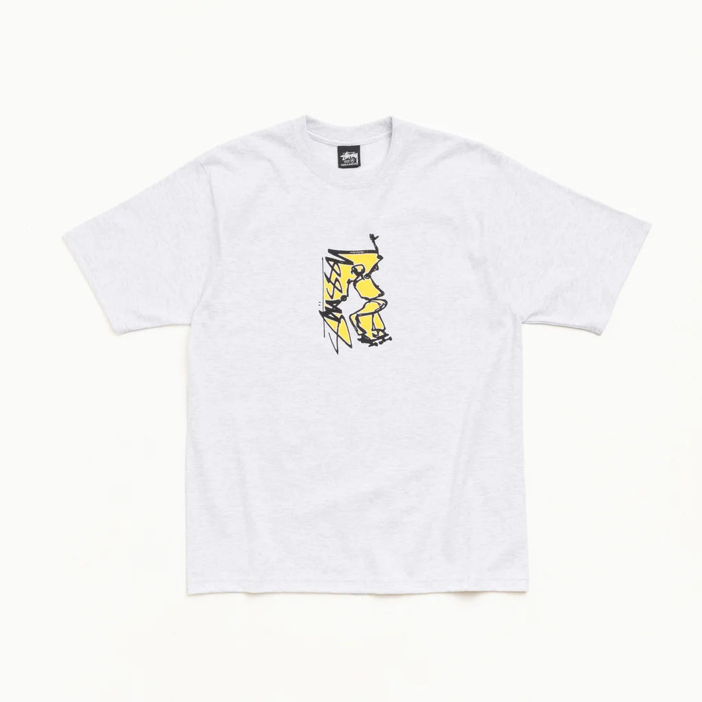 A light gray heather short-sleeve t-shirt with a small yellow and black graphic printed on the center chest, displayed flat against a clean white background.