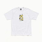 A light gray heather short-sleeve t-shirt with a small yellow and black graphic printed on the center chest, displayed flat against a clean white background.