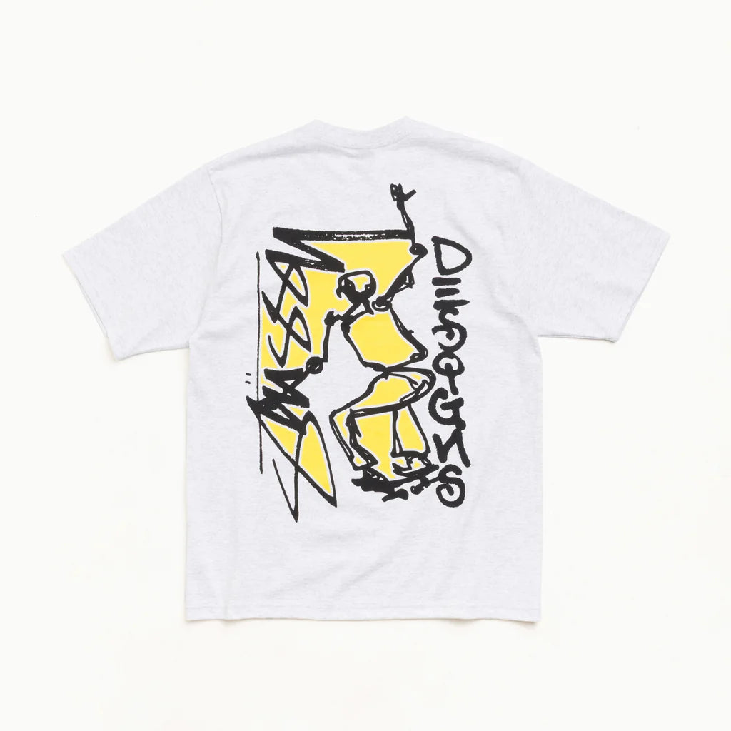 A white heather short-sleeve t-shirt shown from the back, featuring a large graphic print with a yellow and black graffiti-style design
