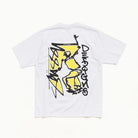 A white heather short-sleeve t-shirt shown from the back, featuring a large graphic print with a yellow and black graffiti-style design