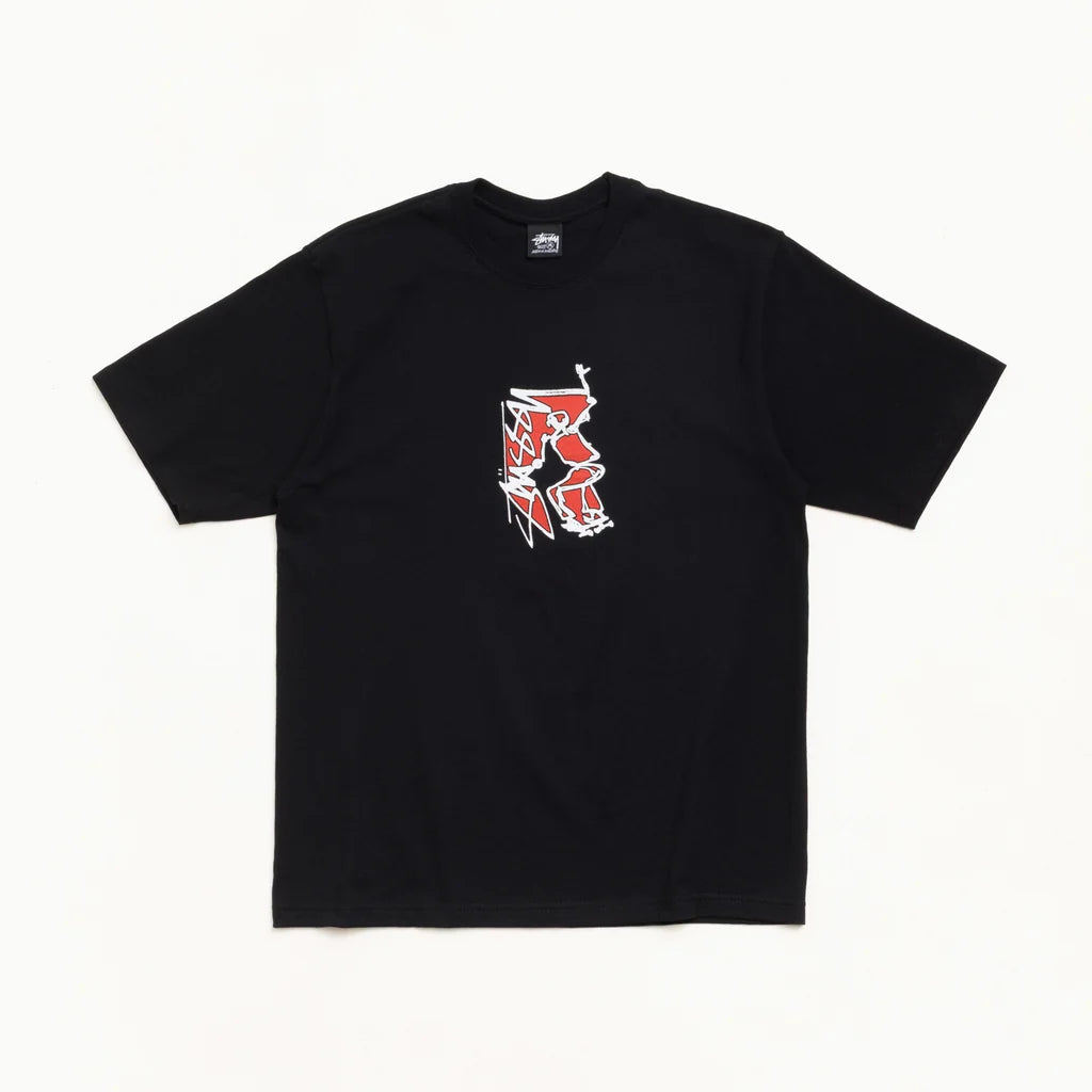 A black short-sleeve crewneck t-shirt with a small red and white graphic on the center chest, displayed flat against a plain white background.