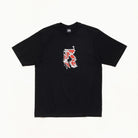 A black short-sleeve crewneck t-shirt with a small red and white graphic on the center chest, displayed flat against a plain white background.