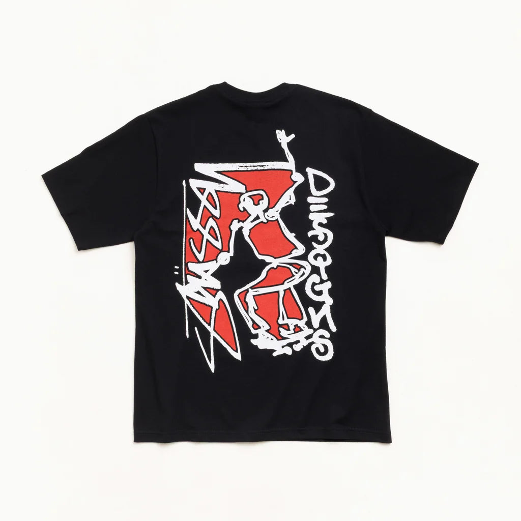 A black short-sleeve t-shirt with a large graphic print on the back, featuring a red and white stylized figure and white graffiti-style text, displayed flat against a light off-white background.