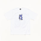 A white short-sleeve crewneck t-shirt featuring a small graphic print on the center chest of a blue and black stylized figure, laid flat against a clean white background.
