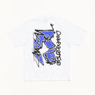 A white short-sleeve t-shirt with a large blue and black graffiti-style graphic on the back, laid flat against a white background.