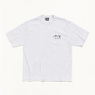 A light gray heather crewneck t-shirt with a small black Stussy logo printed on the left chest, displayed flat against a clean off-white background.
