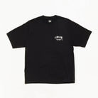 A black short-sleeve crewneck t-shirt with a small white Stüssy logo printed on the left chest, displayed flat against a clean white background.