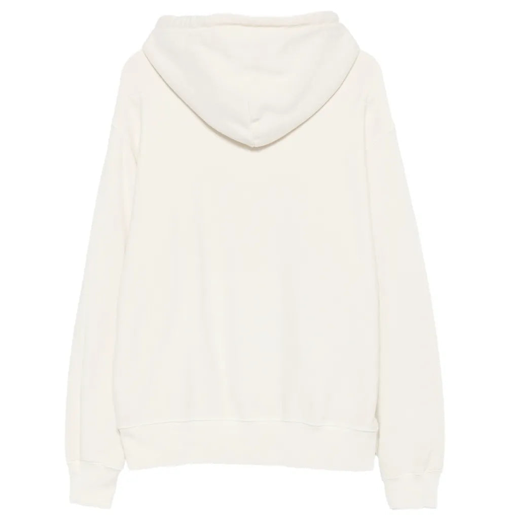 An off-white hooded sweatshirt shown from the back, photographed against a seamless white background.