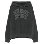 A faded black pullover hoodie with a tonal dark gray 'STUSSY SPORT' logo printed across the chest, displayed on a clean white background.