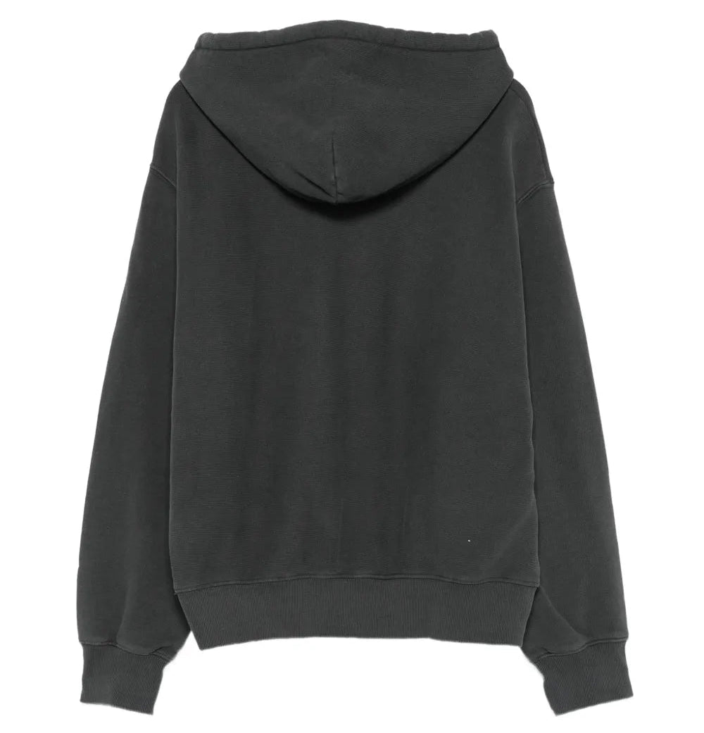 A dark charcoal gray hooded sweatshirt shown from the back, laid flat against a solid white background.