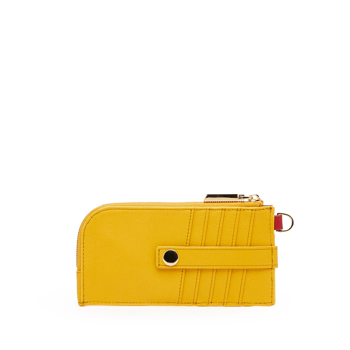 A bright yellow zip-around wallet with a front strap closure and gold-tone hardware, photographed on a plain white background.