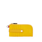 A bright yellow zip-around wallet with card slots, a horizontal snap strap, and gold-tone hardware, shown on a plain white background.
