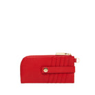 A red textured leather zip-around wallet with a horizontal snap strap and gold-tone hardware, shown against a plain white background.