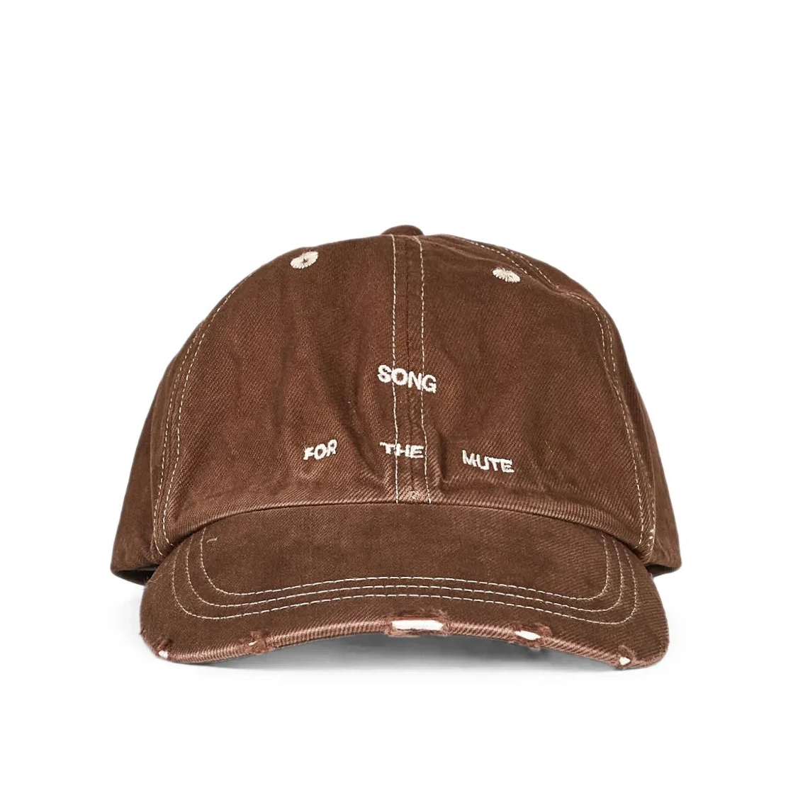 Front view of the Song For The Mute Logo Cap. A brown twill baseball cap with cream contrast stitching, “SONG FOR THE MUTE” embroidered on the front and a distressed brim.