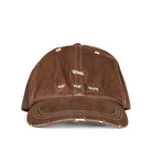 Front view of the Song For The Mute Logo Cap. A brown twill baseball cap with cream contrast stitching, “SONG FOR THE MUTE” embroidered on the front and a distressed brim.