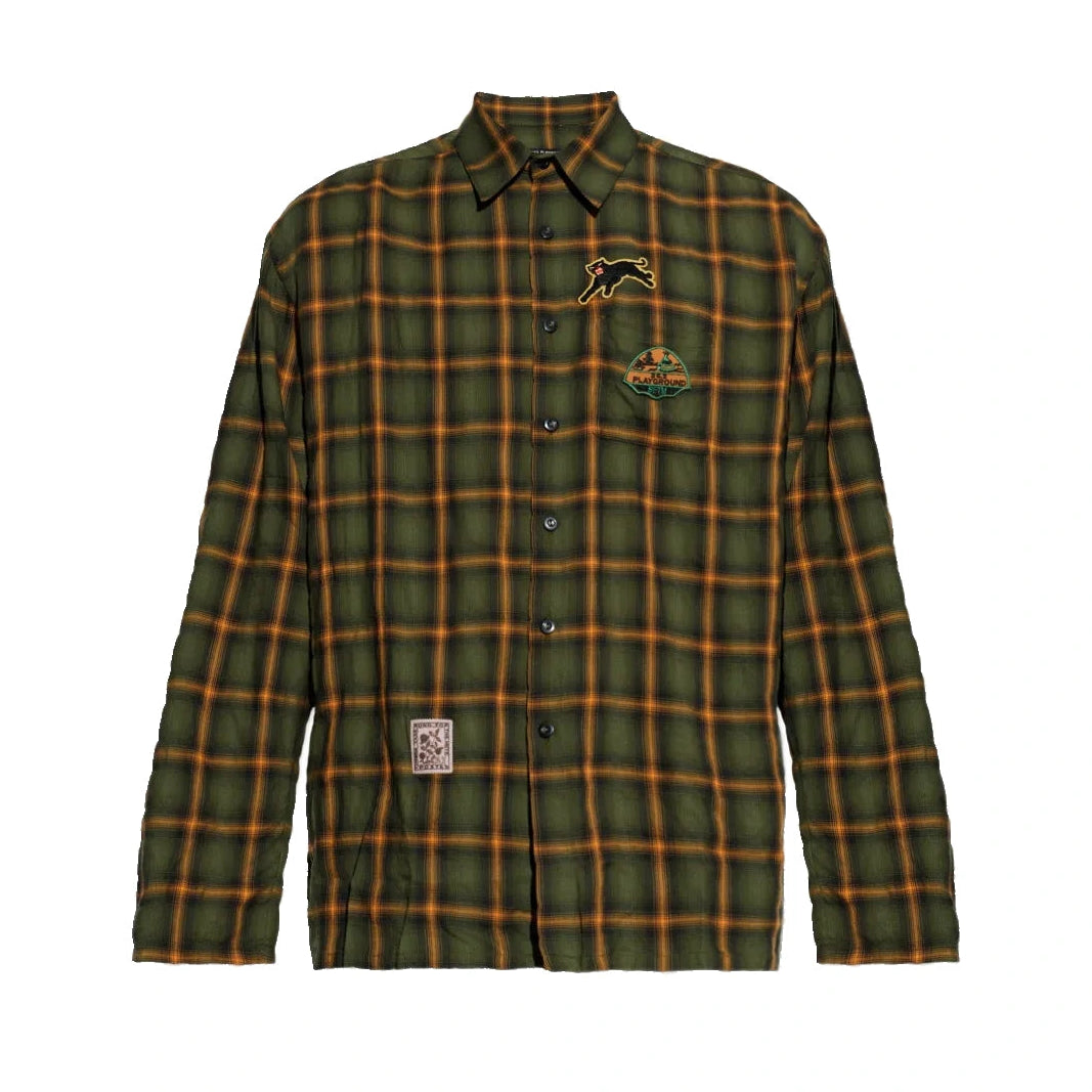 Song For The Mute School Shirt laid flat. An oversized green and orange plaid button-up with an embroidered black panther patch and a crest patch on the chest.