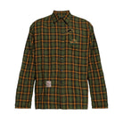 Song For The Mute School Shirt laid flat. An oversized green and orange plaid button-up with an embroidered black panther patch and a crest patch on the chest.