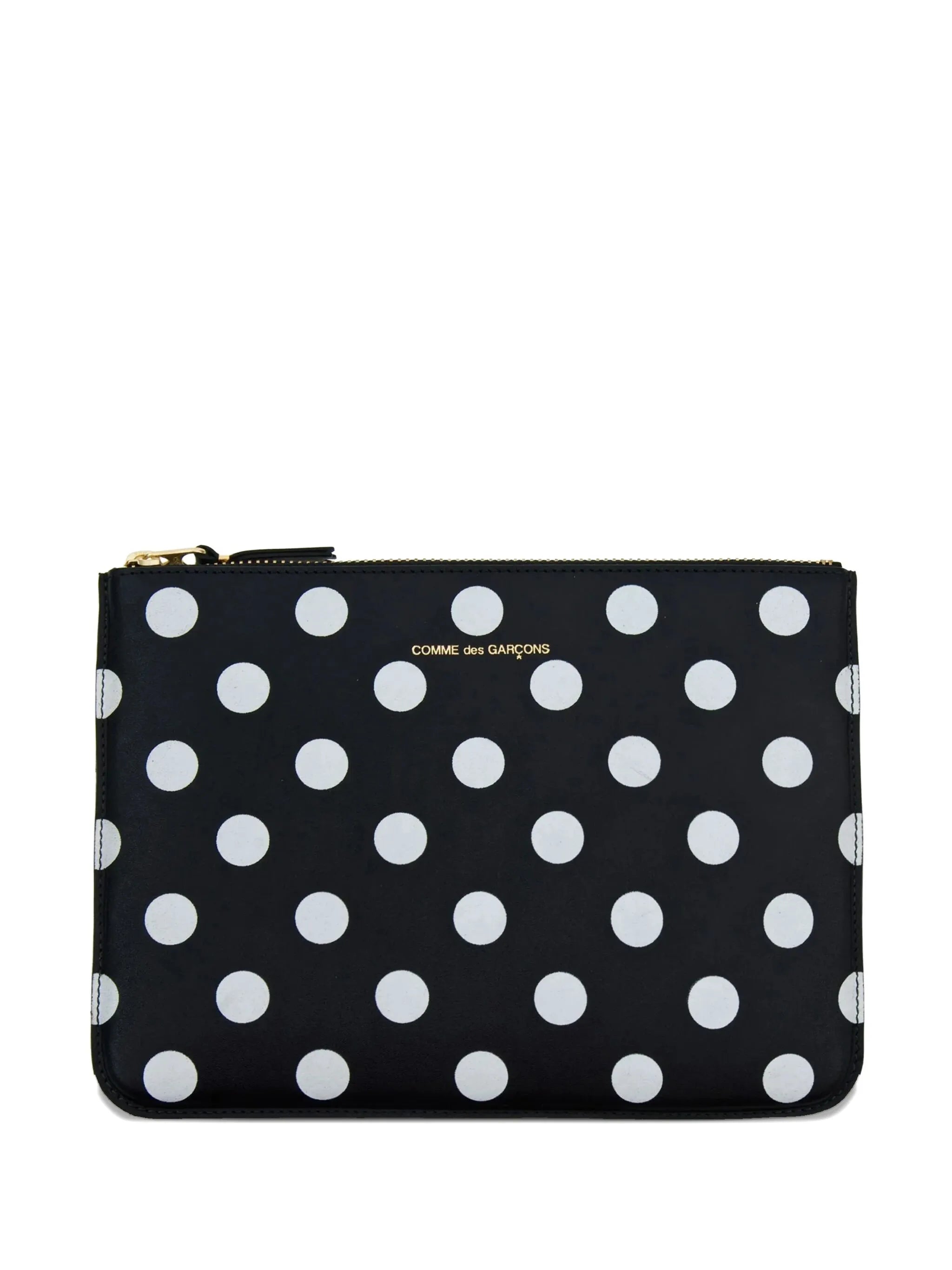 COMME DES GARÇONS large polka dots wallet in black with white dots, front view