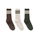 Three pairs of socks in brown, white, and black with striped patterns on a white background.