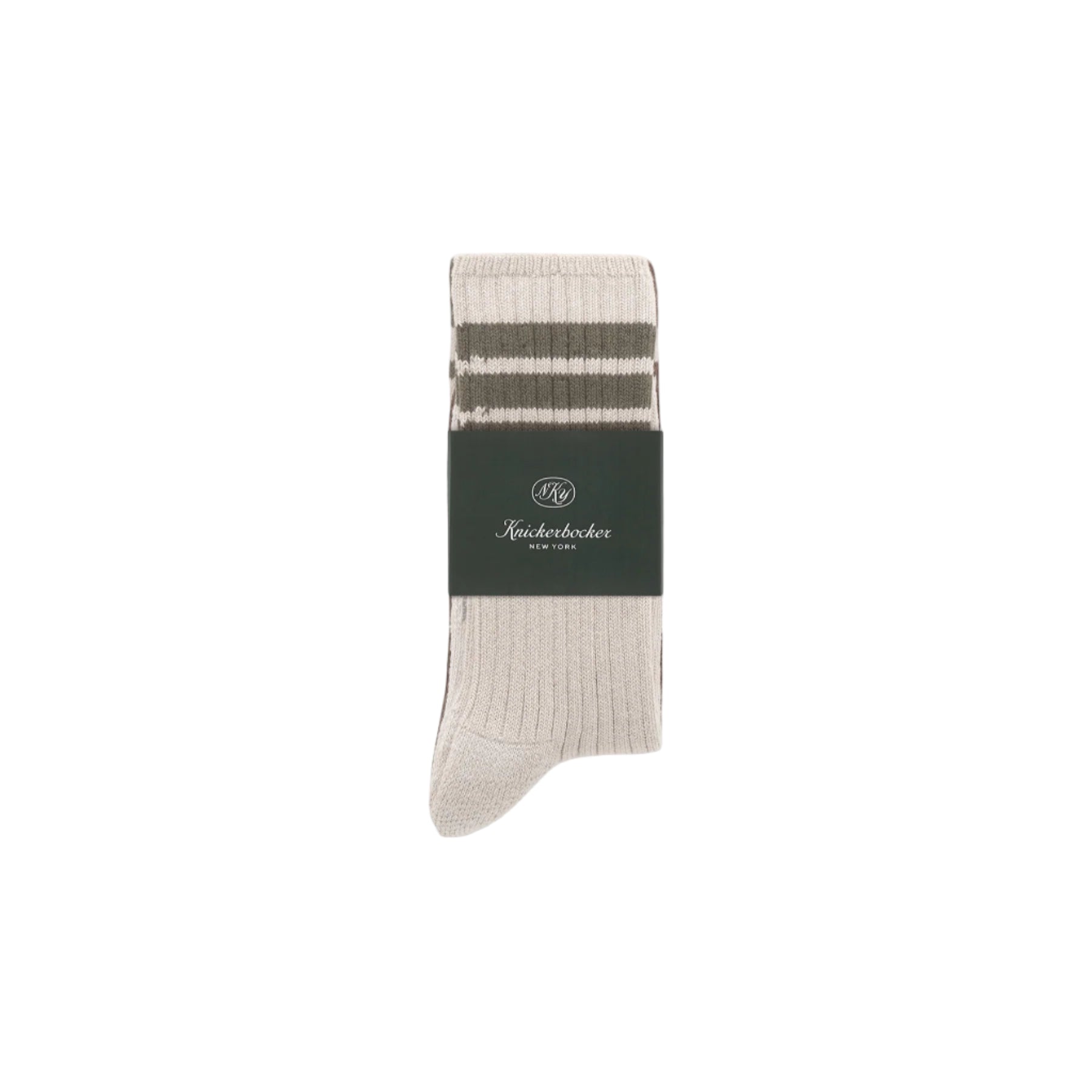 Pair of socks with a brand label on a white background