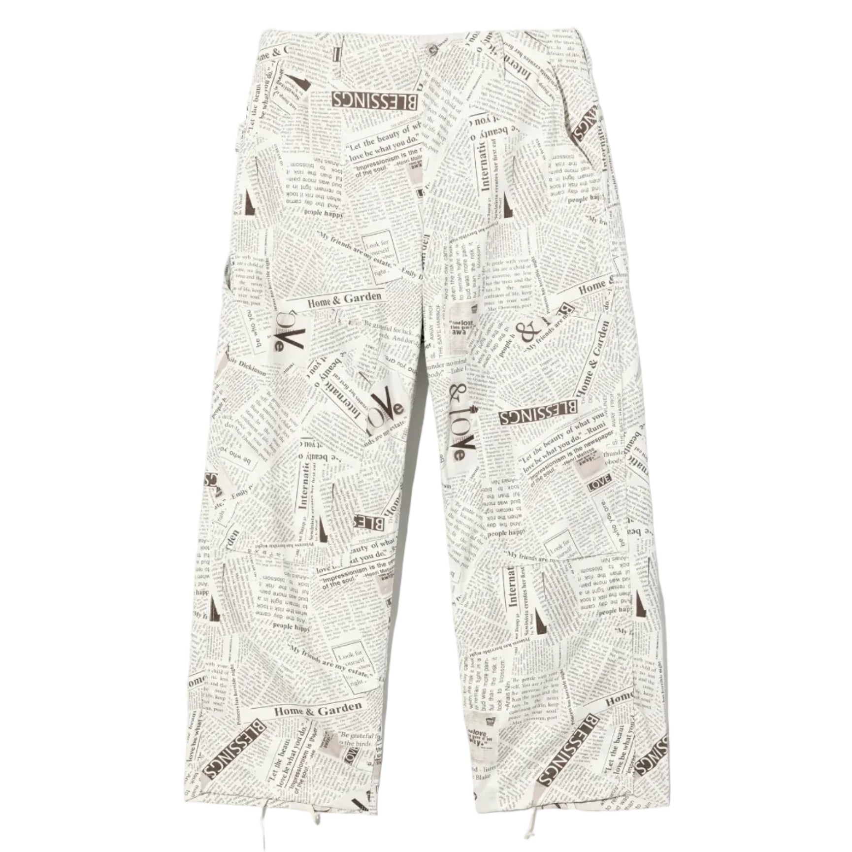 white pants with allover print on a white background