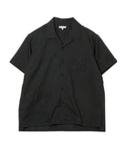 Black short-sleeve shirt with open collar on a white background