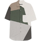 Short sleeved button down shirt in multi-colorblock check on a white background