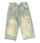 Long denim jean shorts on a white background