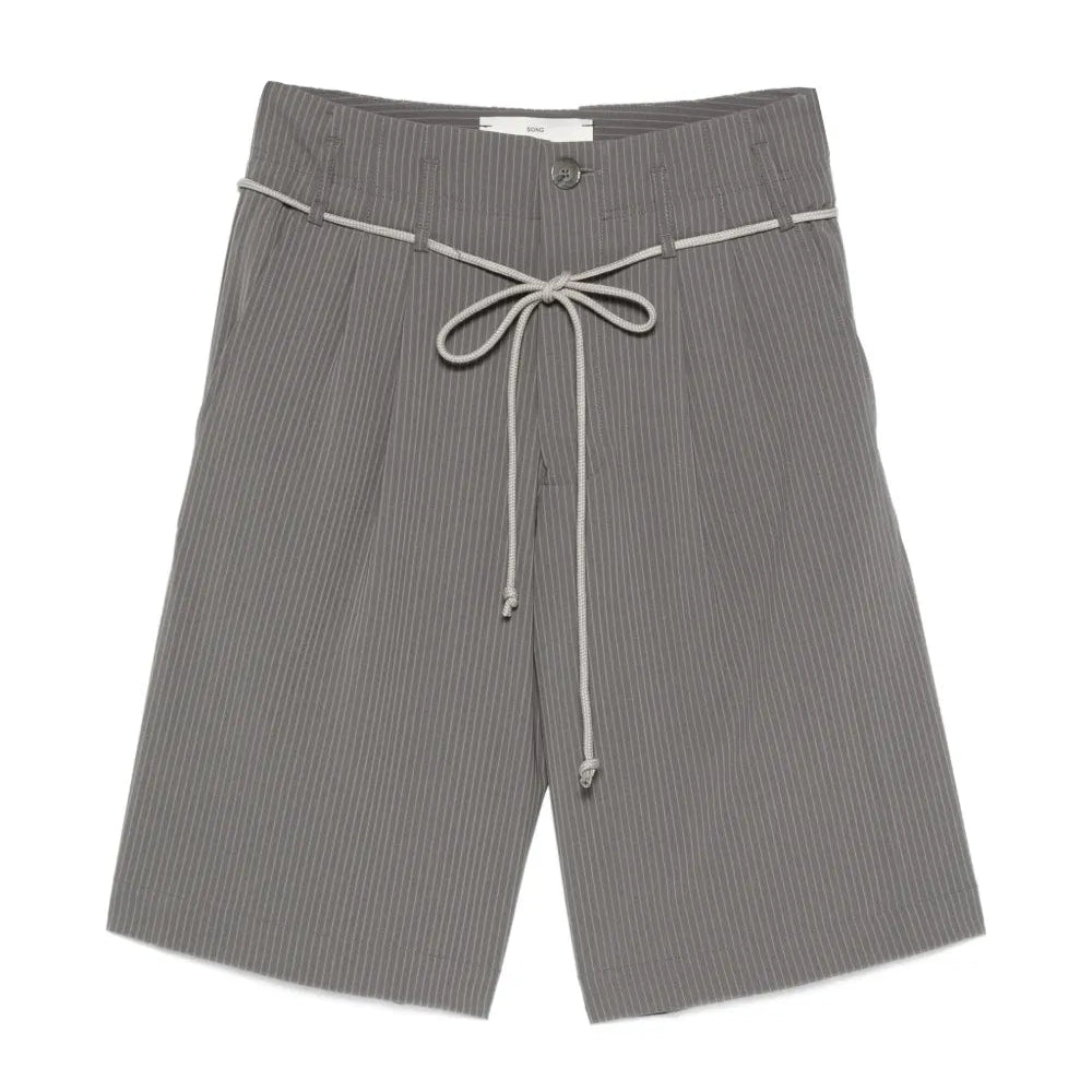 Gray shorts with a tie waist on a white background