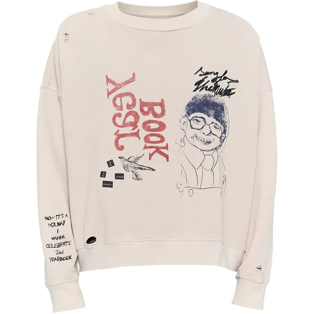 Cream sweatshirt with graphic print and embroidery details on a white background