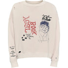 Cream sweatshirt with graphic print and embroidery details on a white background