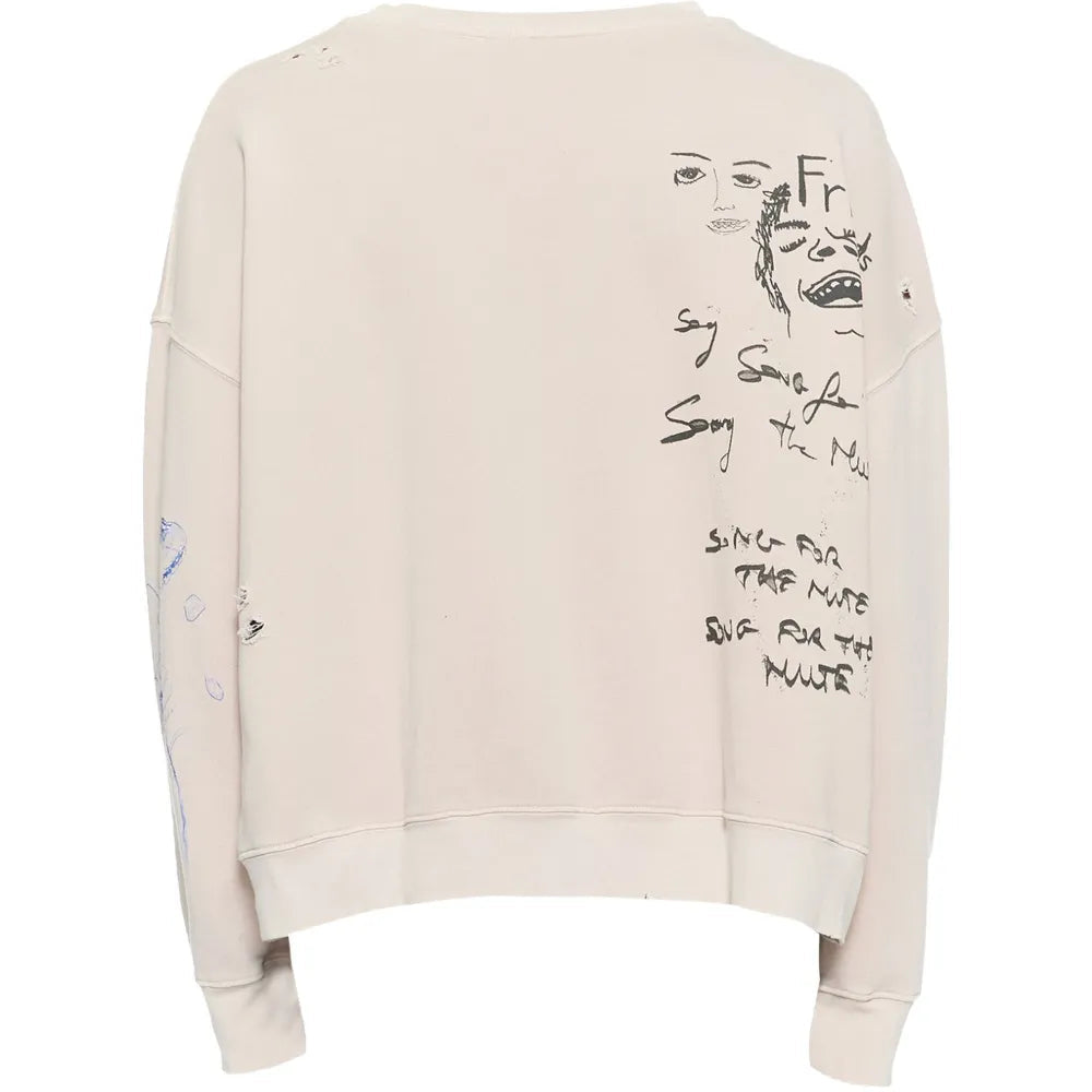 Back of a cream sweatshirt with graphic print and embroidery details on a white background