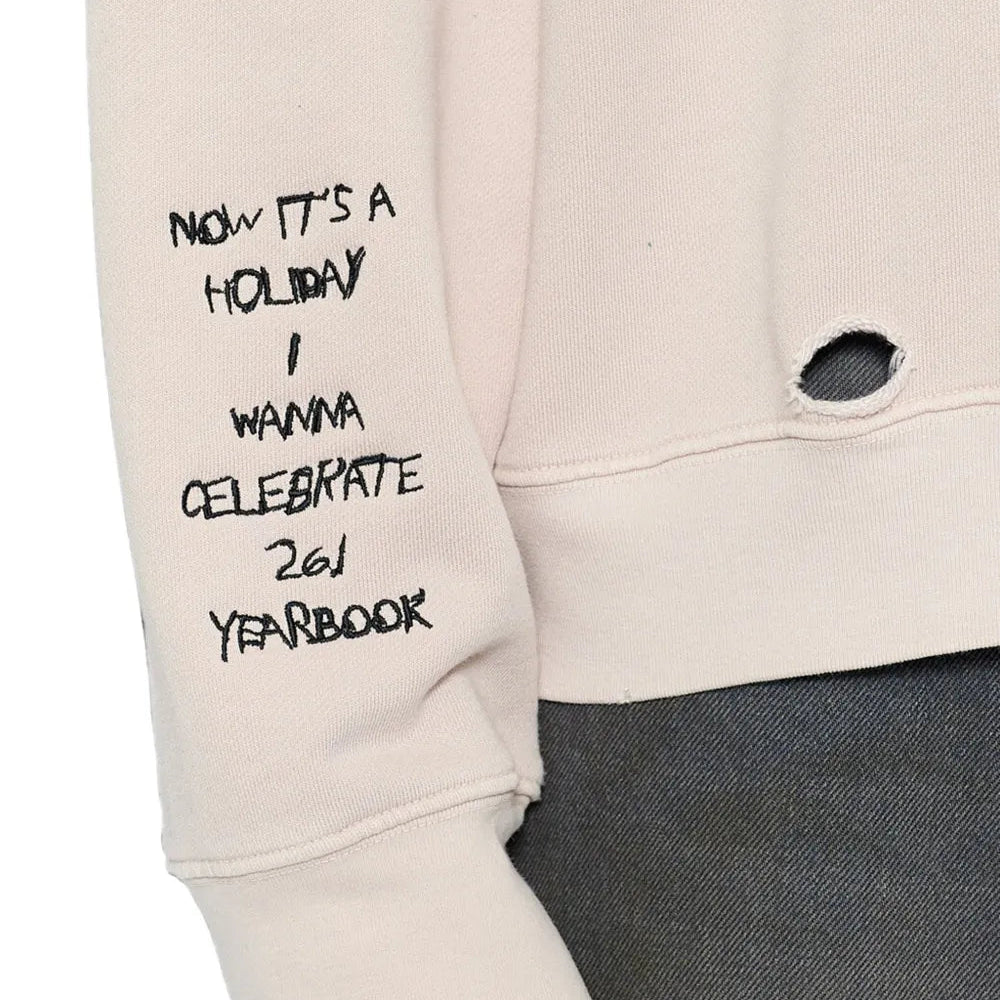 Close up of a cream sweatshirt with graphic print and embroidery details on a white background