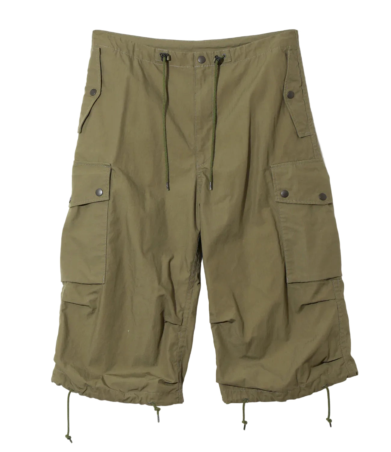 Khaki cargo shorts with multiple pockets on a white background