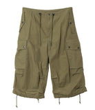 Khaki cargo shorts with multiple pockets on a white background