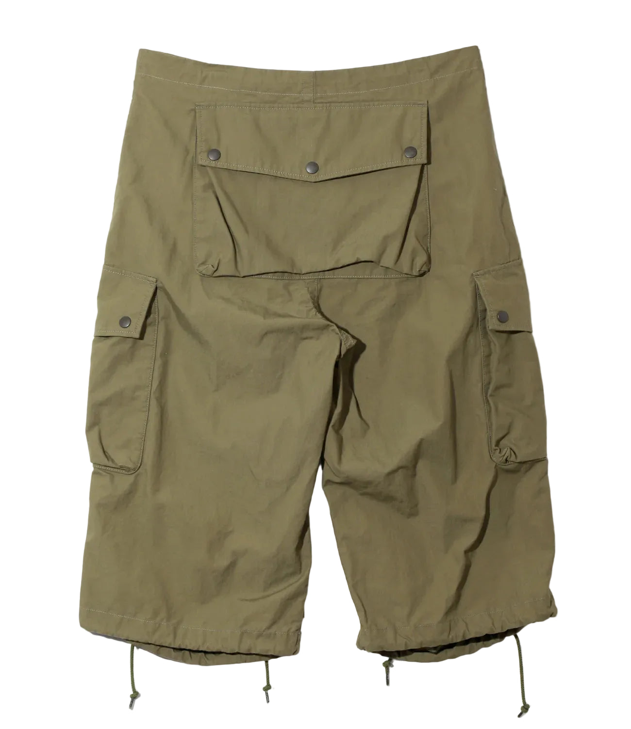 Khaki cargo shorts with multiple pockets on a white background