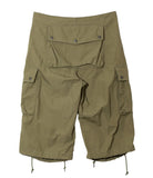 Khaki cargo shorts with multiple pockets on a white background