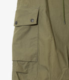 Close-up of olive green pants with a pocket and button on a white background