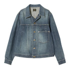 Blue denim jacket on a white background
