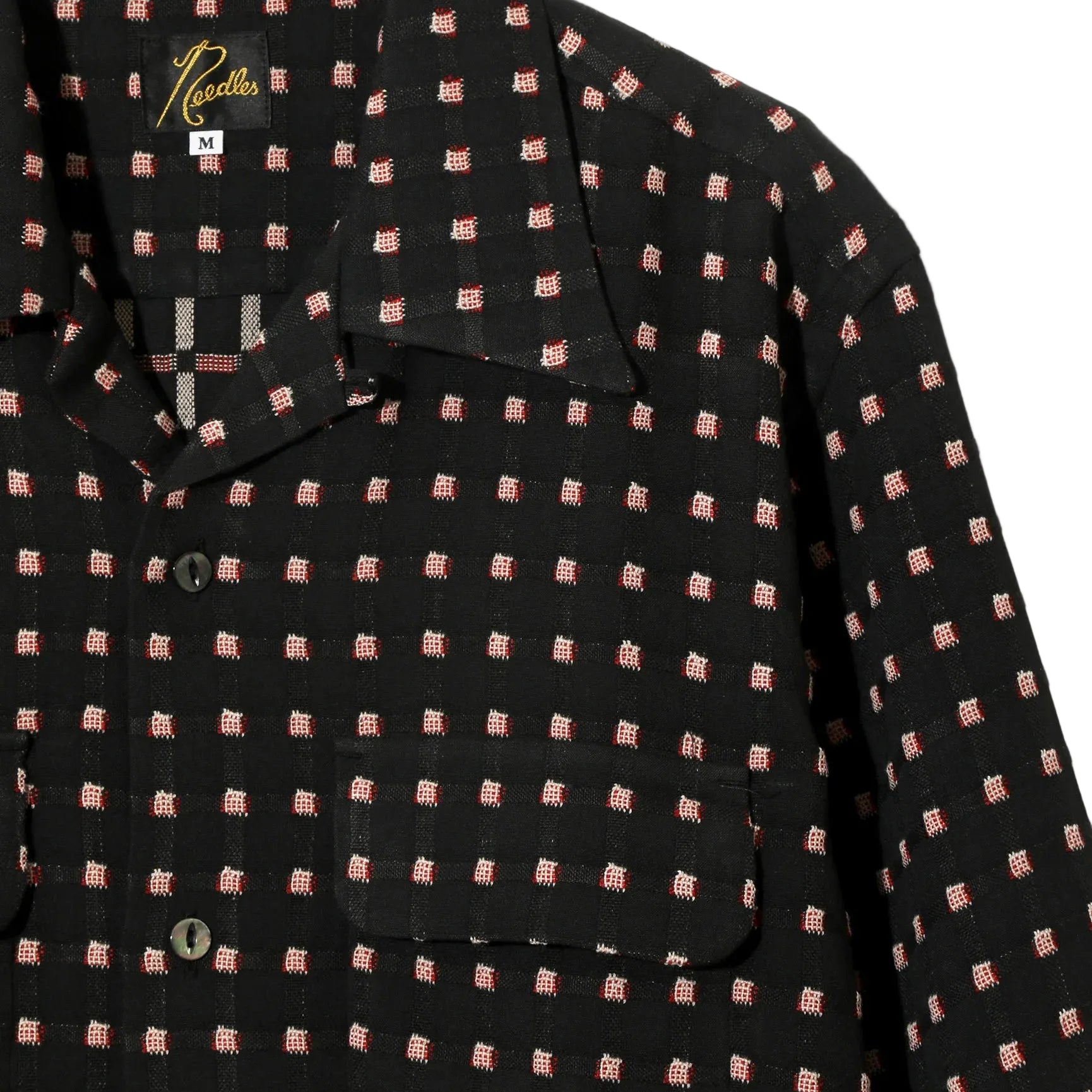 Black patterned jacket with a brand logo on a white background