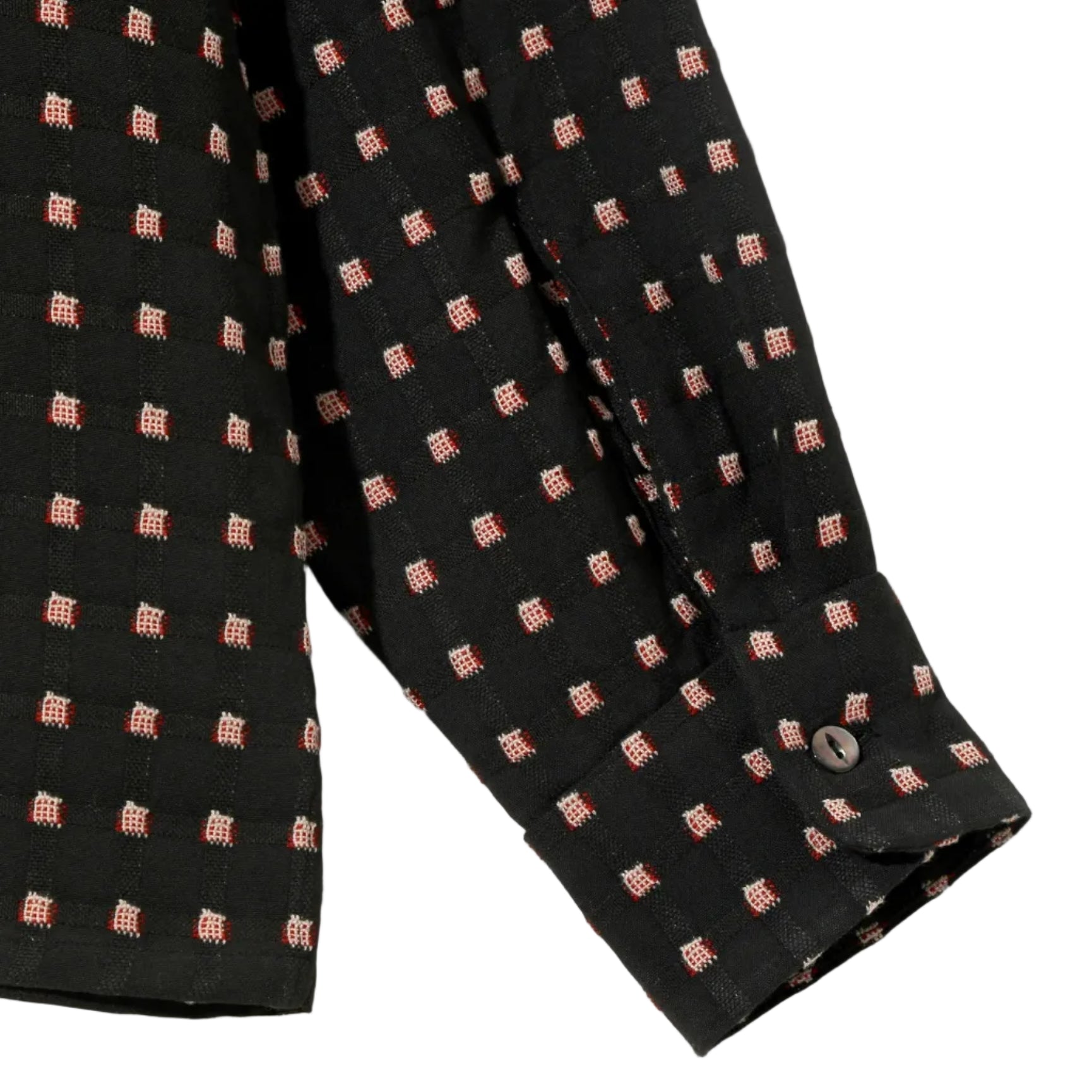 Black shirt with red geometric pattern on a white background