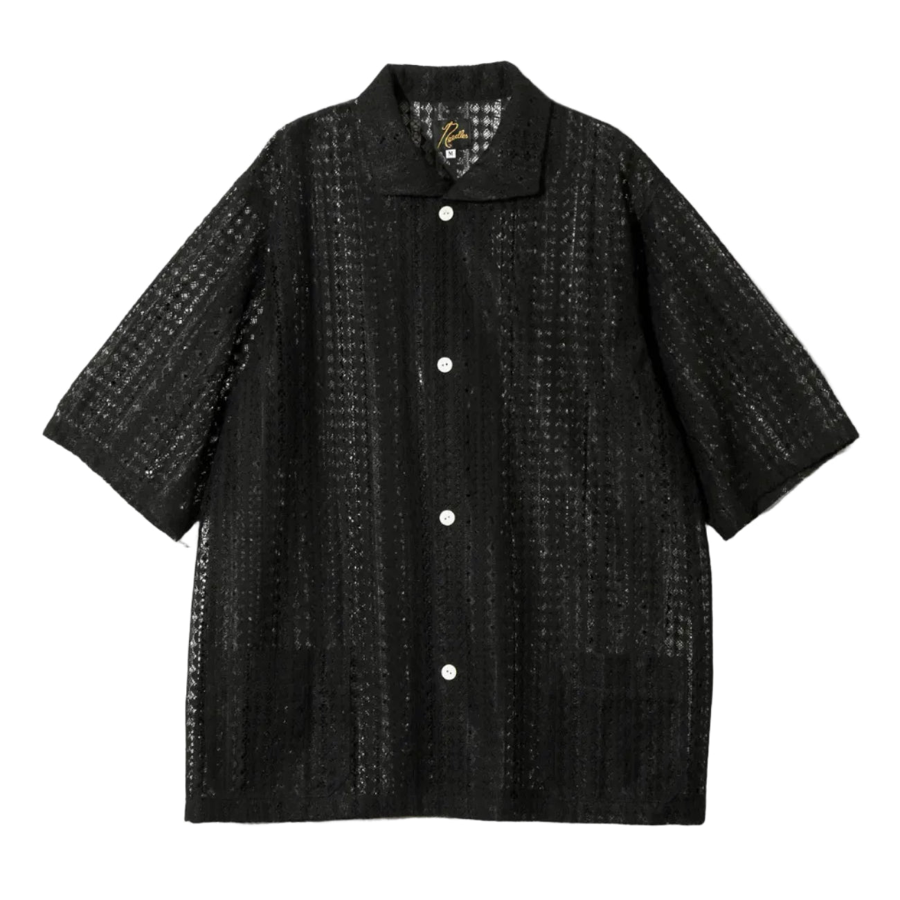 Black textured shirt with white buttons on a white background