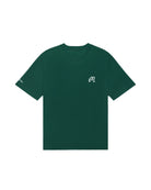 Green t-shirt with a white logo on a white background